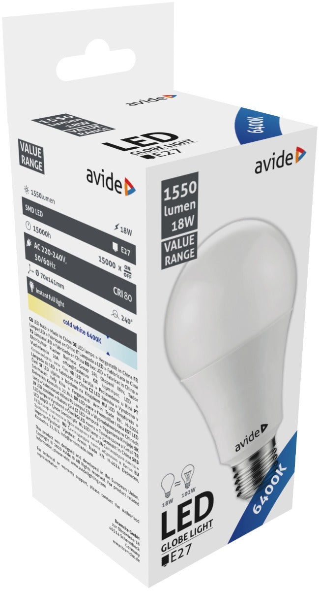 Avide Λάμπα LED Κοινή 18W E27  Ψυχρό 6400K Value