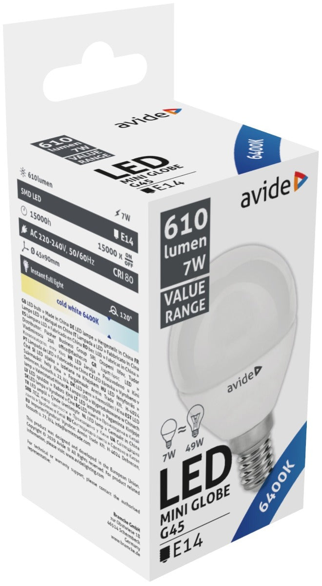 Avide Λάμπα LED Σφαιρική 7W E14  Ψυχρό 6400K Value