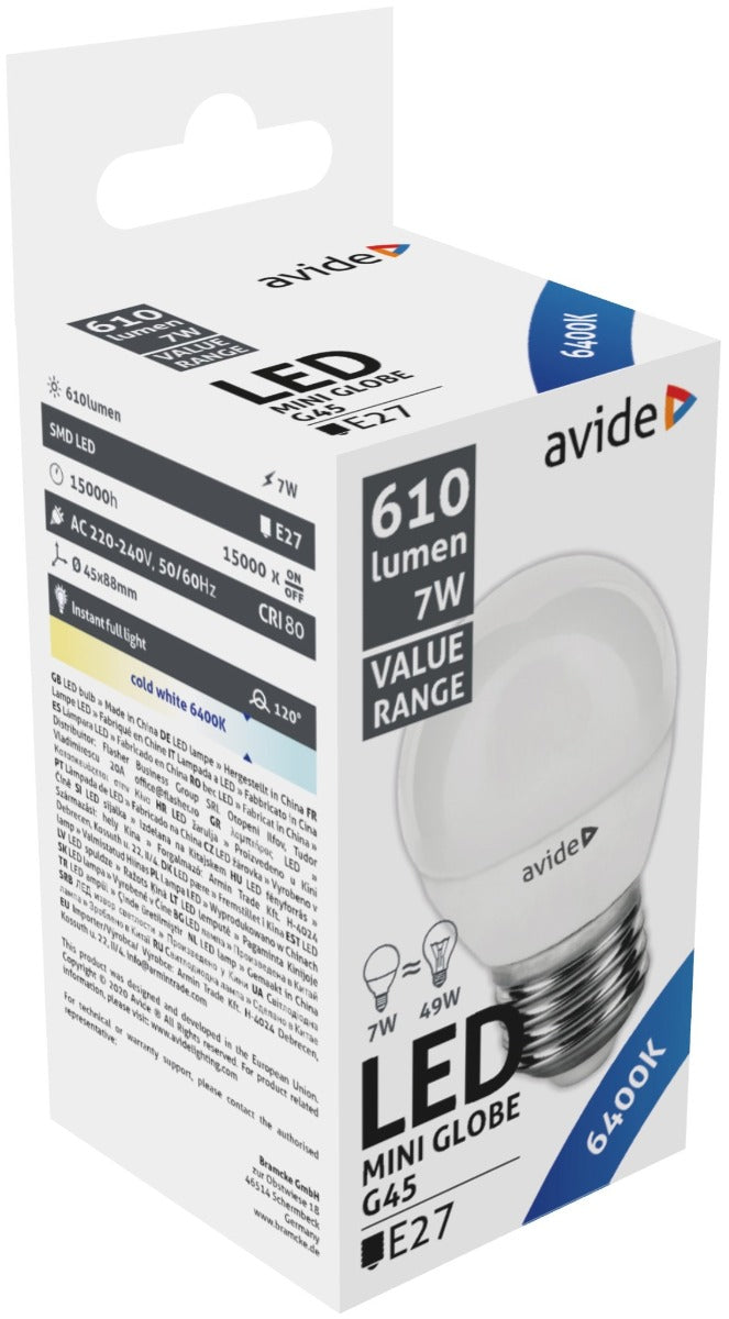 Avide LED Bulb Spherical 7W E27 Cool 6400K Value