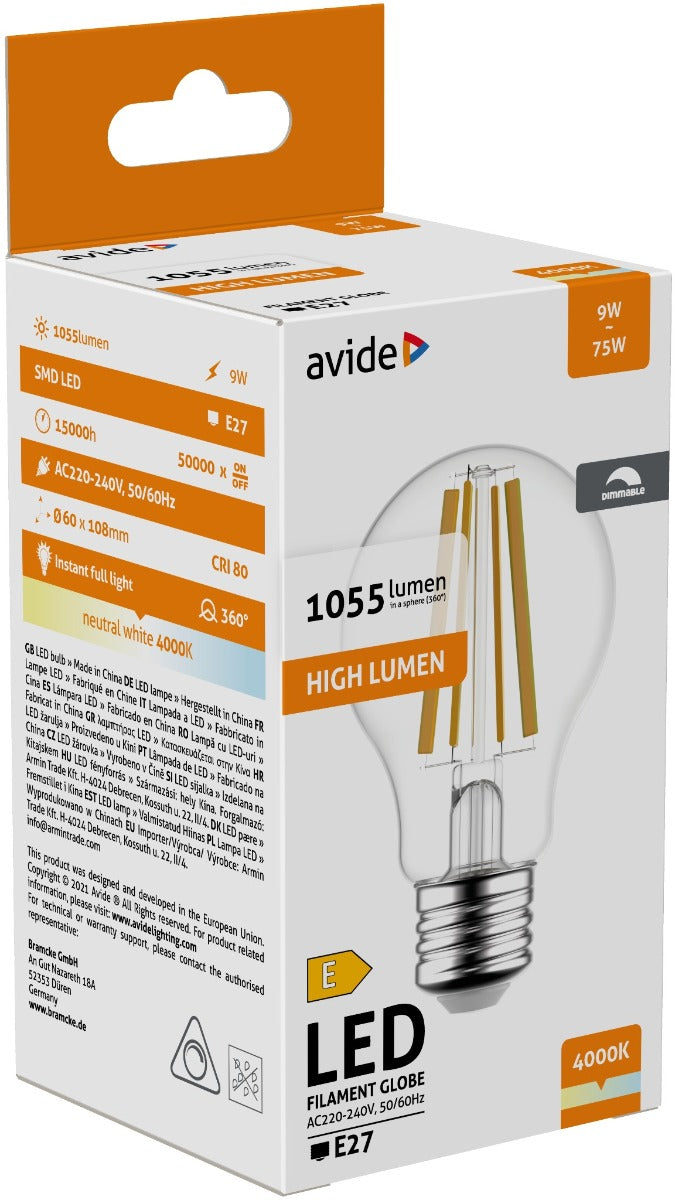 Avide LED Filament Bulb Common 9W E27 360° White 4000K High Lumen Dimmable