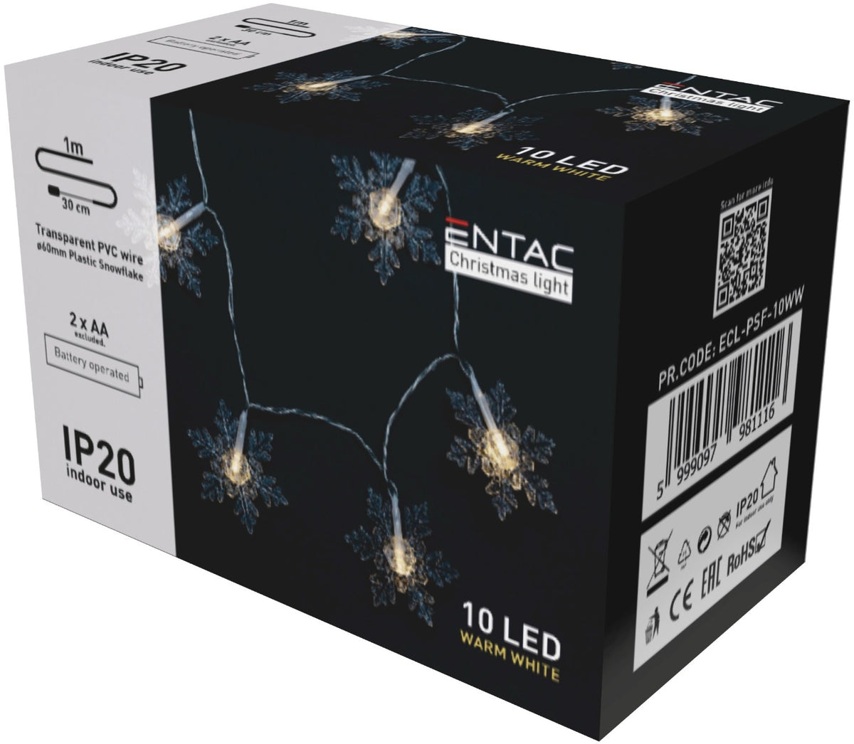 Entac Christmas Lights Indoor Plastic Snowflakes 10 LED Warm 1m (2xAA Not Included)