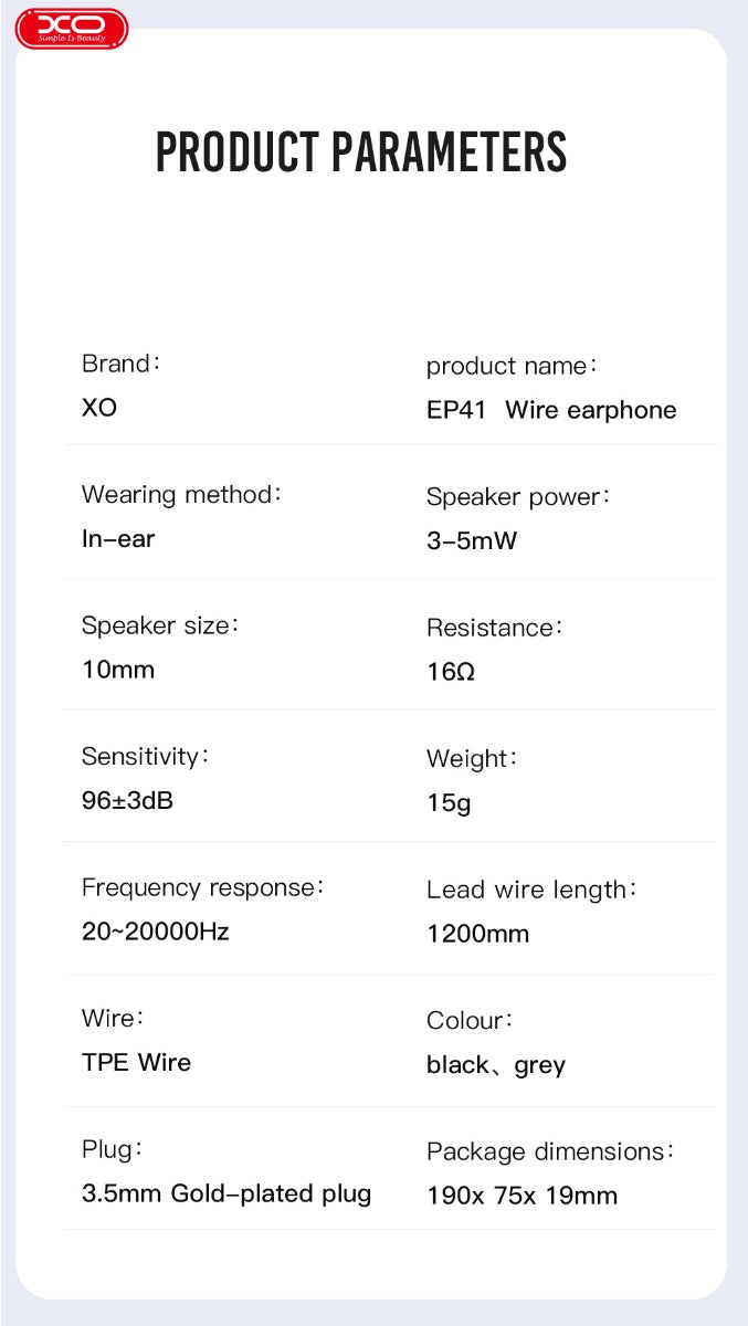 XO EP41 Handsfree Headphones 3.5mm In-ear 1.2m Gray
