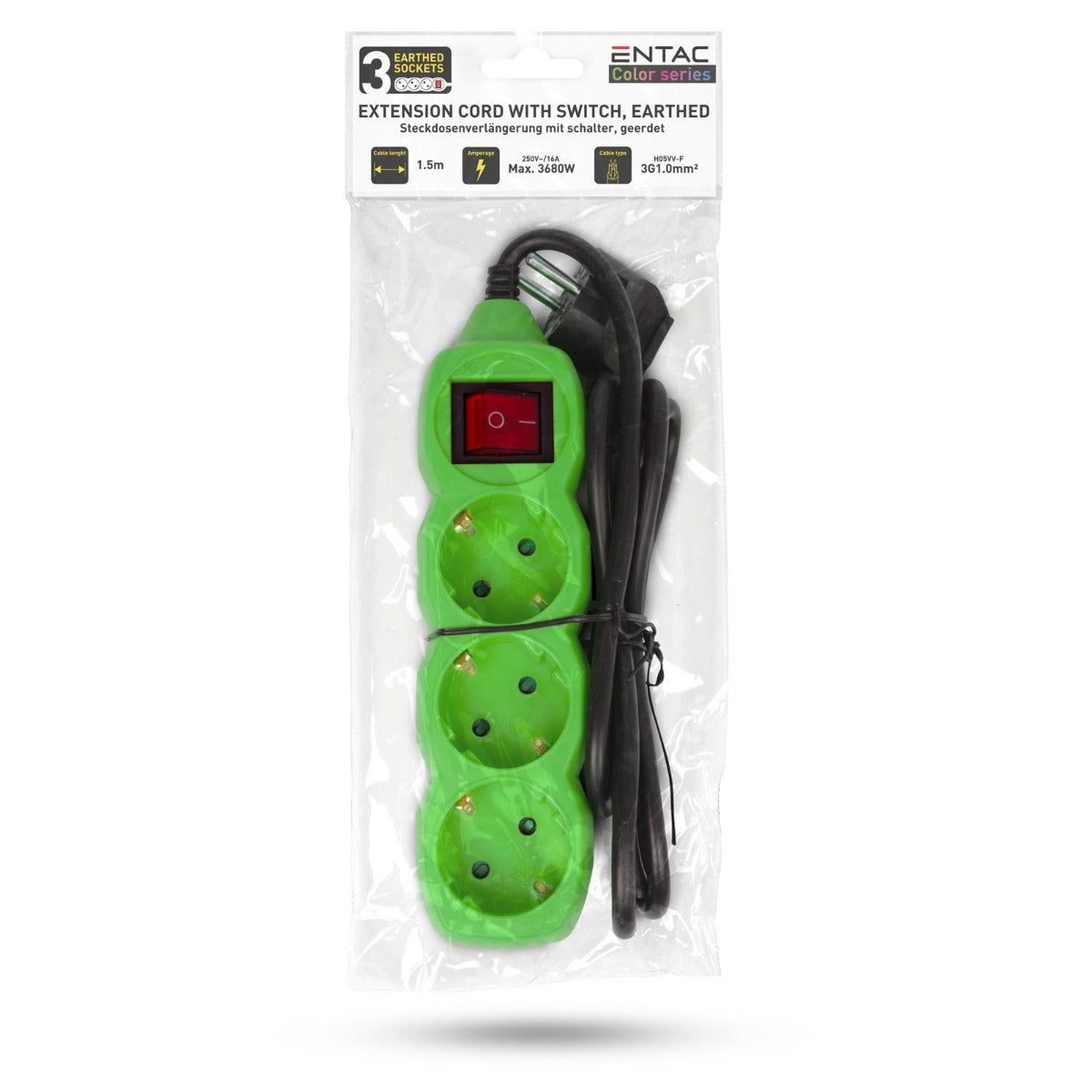 Entac 3-Position Power Strip with Switch 3x1.0mm 1.5m Green