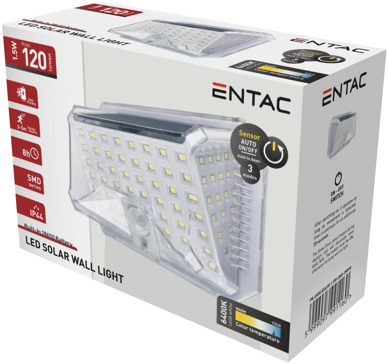 Entac Solar Wall Light Plastic 1.5W SMD with 3 PIR modes