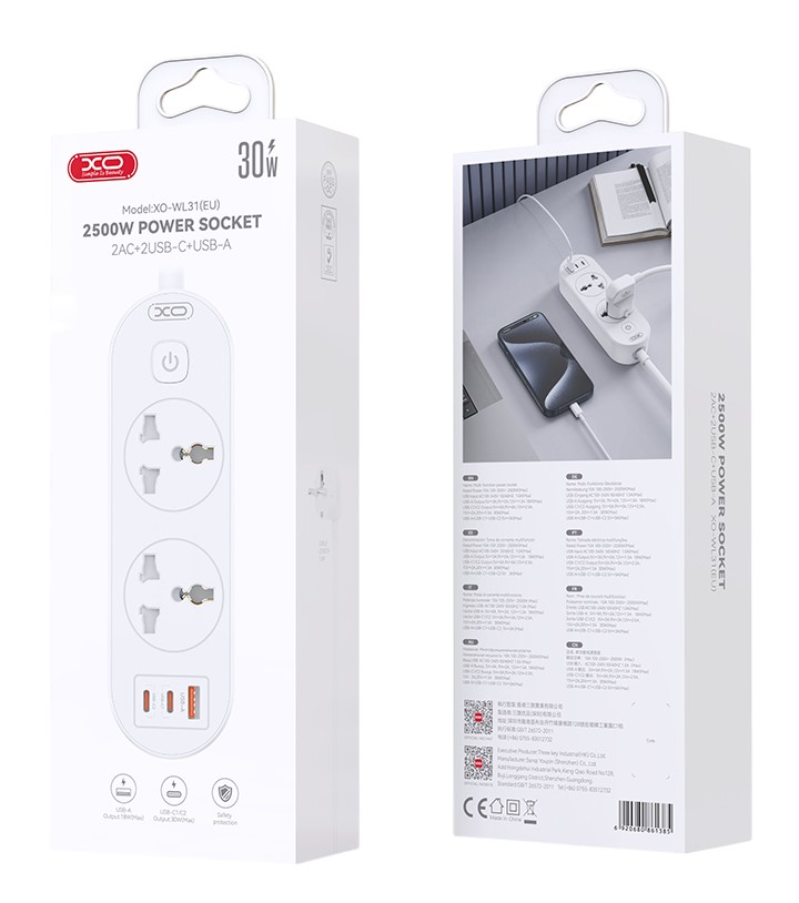 XO WL31 Πολύπριζο (EU) 30W 2AC + 1USB-A + 2USB-C με Διακόπτη - Image 4