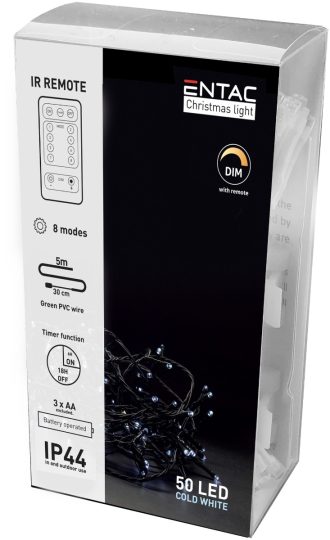 Entac Χριστουγεννιάτικα Λαμπάκια IP44 50 LED Ψυχρό 5m με Τηλεχειριστήριο (3xAA Δεν περιλαμβ.)