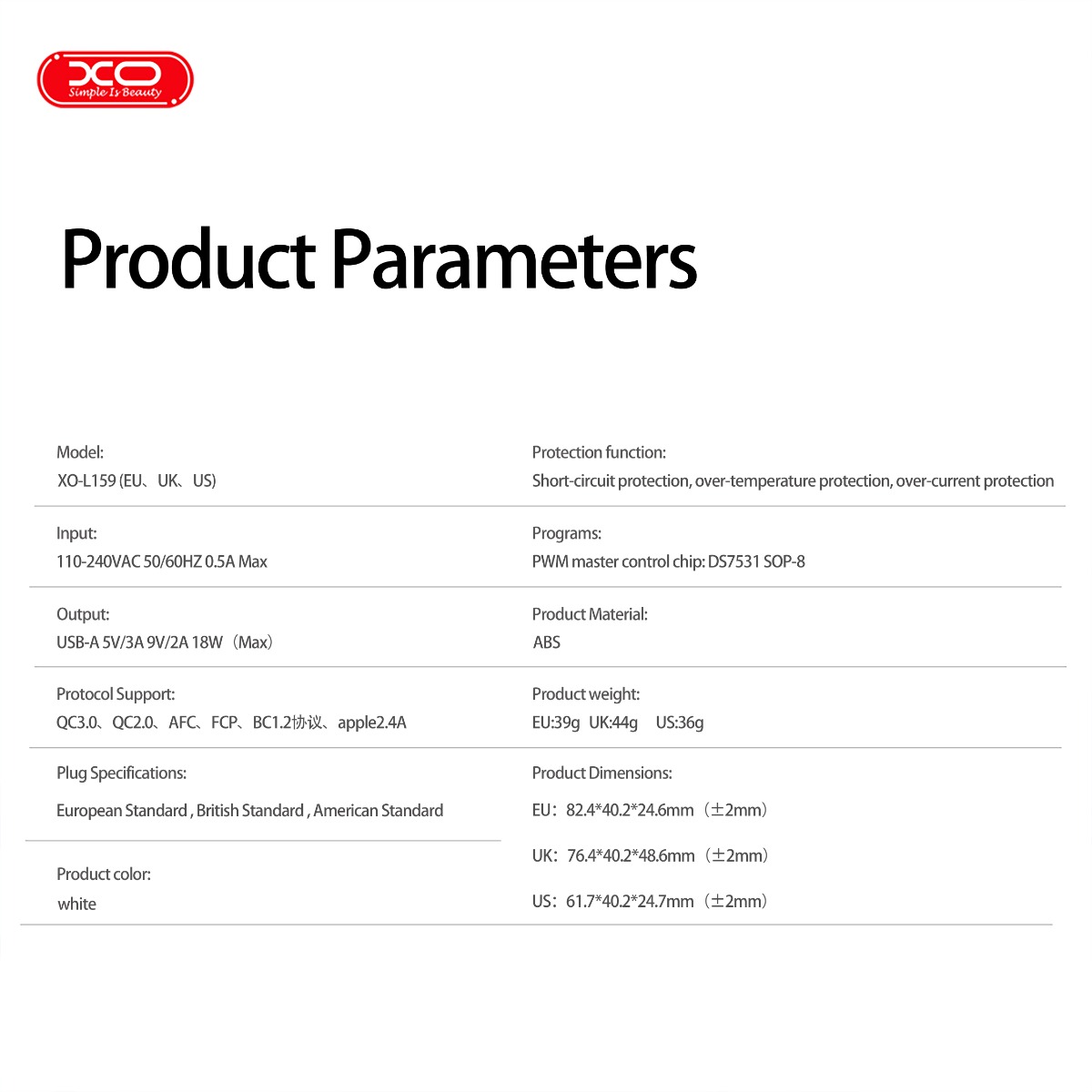 XO L159 Φορτιστής Ταχείας Φόρτισης EU QC18W με USB-A - Image 7