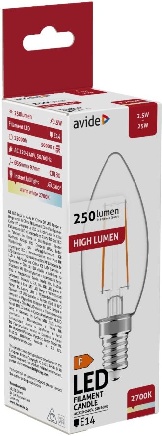Avide Λάμπα LED Filament Κερί  2.5W E14 360° Θερμό 2700K High Lumen