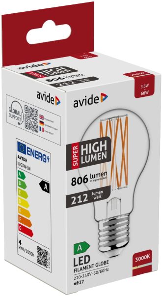Avide Λάμπα LED Filament Κοινή  3.8W E27 Θερμό 3000K Super High Lumen