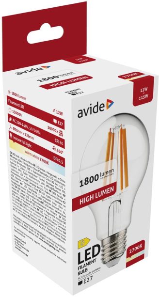 Avide Λάμπα LED Filament Κοινή 12W E27 A65 360° Θερμό 2700K High Lumen