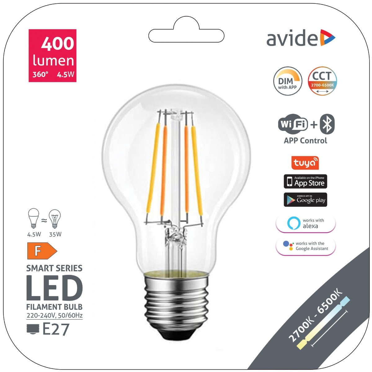 Avide Λάμπα LED Smart Filament Κοινή A60 4.5W CCT WIFI + BLE APP Control