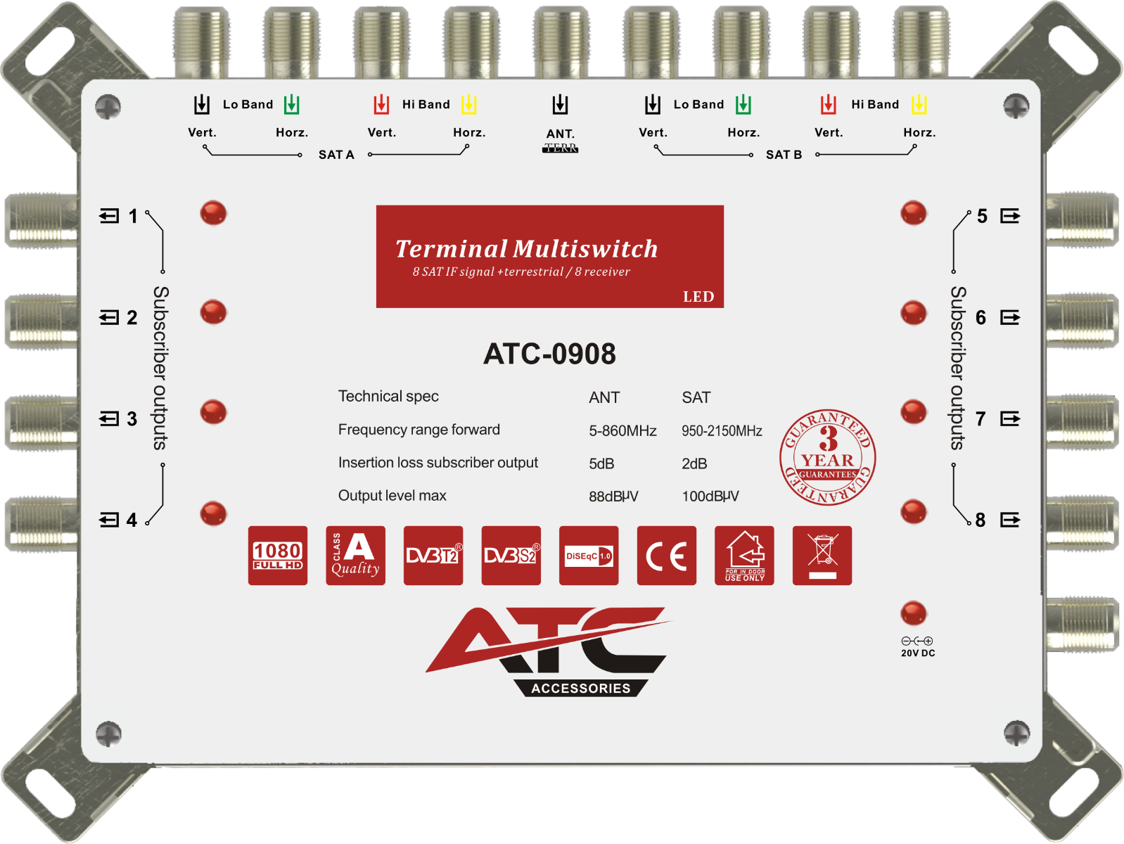 ATC Πολυδιακόπτης ATC-0908 (2 Sat + 1 Ter / 8 Εξόδοι)