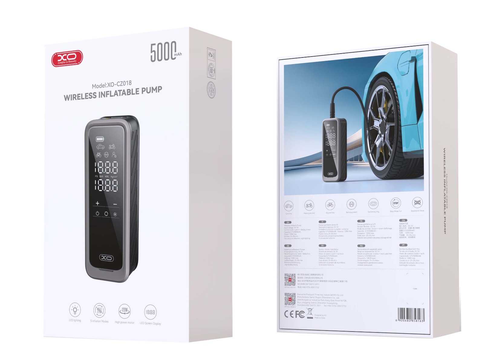 XO CZ018 Smart Φορητή Ασύρματη Αντλία Φουσκώματος 5000 mAh 22 Κυλίνδρων - Image 4