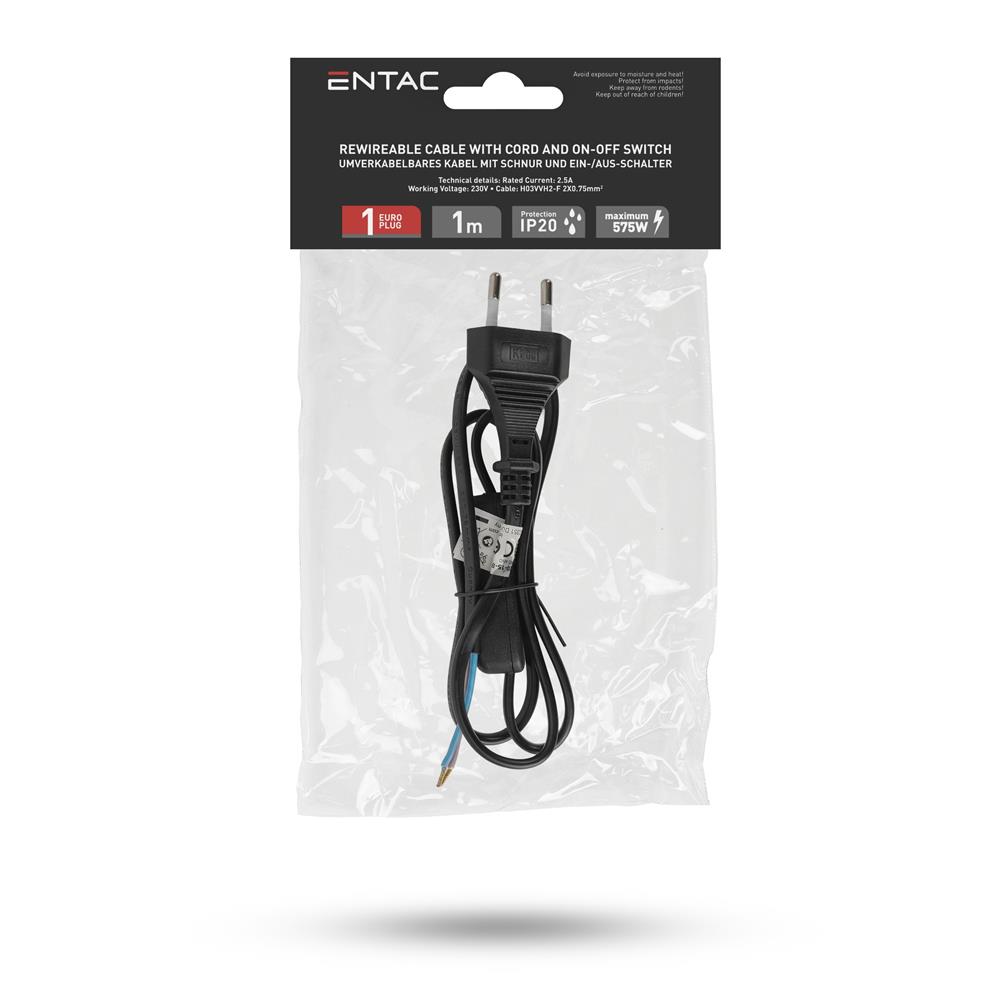 Entac Rewireable Καλώδιο 2G0.75 με Διακόπτη ON/OFF Μαύρο 1m - Image 2
