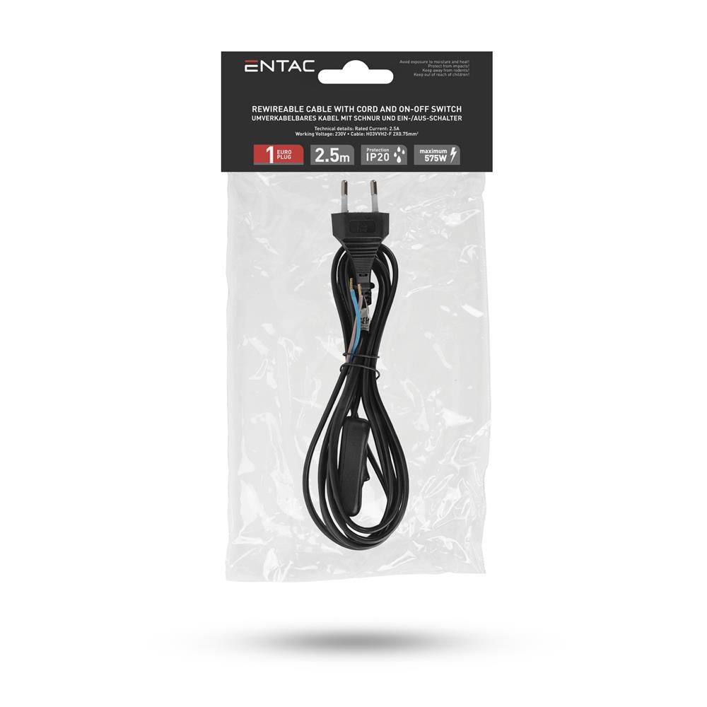 Entac Rewireable Καλώδιο 2G0.75 με Διακόπτη ON/OFF Μαύρο 2.5m - Image 2