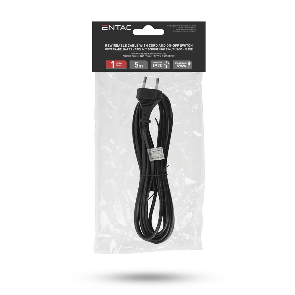 Entac Rewireable Καλώδιο 2G0.75 με Διακόπτη On/Off Μαύρο 5m - Image 2