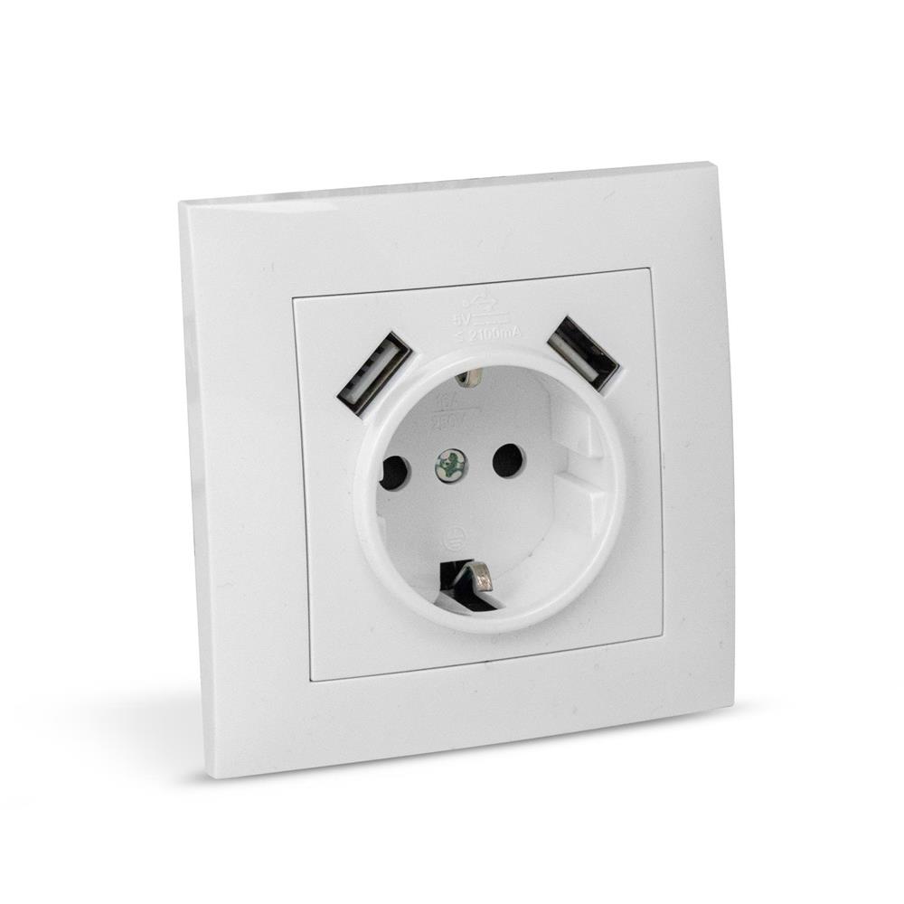 Entac Arnold Χωνευτή Πρίζα Τοίχου Γειωμένη + 2 USB 2.1A (total) Λευκή