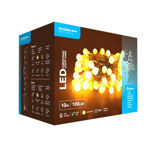 Modee Χριστουγεννιάτικα Λαμπάκια LED Τύπου Berry με Αντάπτορα (100LED/10m/10cm) Θερμό Λευκό