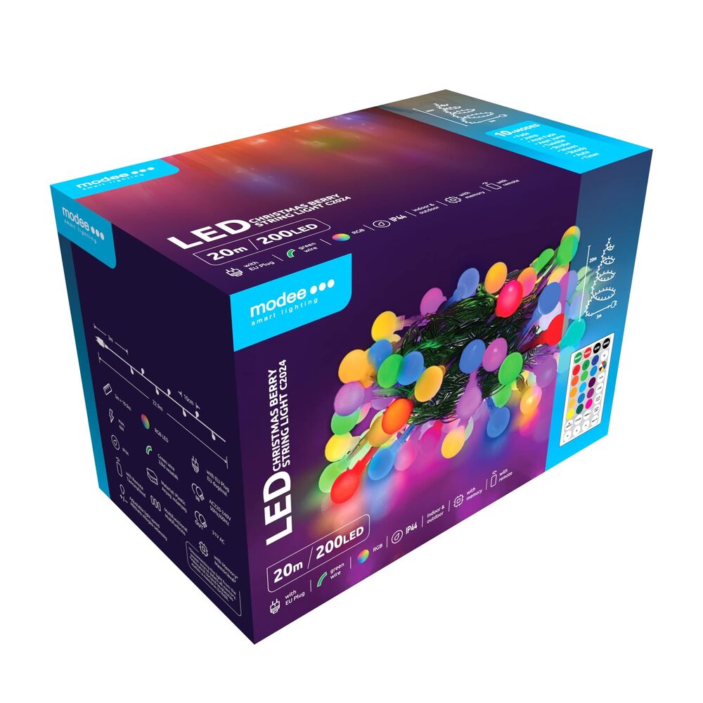 Modee Χριστουγεννιάτικα Λαμπάκια LED Τύπου Berry με Βύσμα & Τηλεχειριστήριο (200LED/20m/10cm) RGB - Image 2