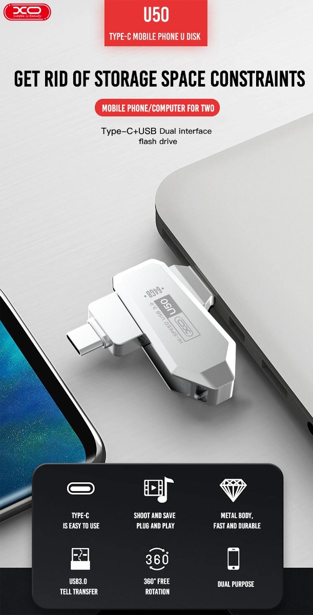 XO U50 Στικάκι & Αντάπτορας Type-C σε USB OTG USB 3.0 Έκδοση 32GB - Image 2