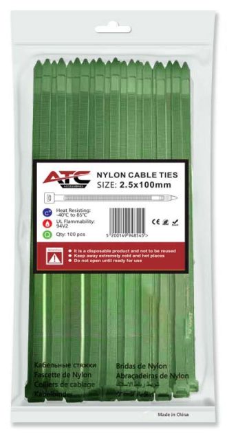 ATC Δεματικά 2.5x100mm Νάιλον Πράσινα 100τμχ Σακουλάκι