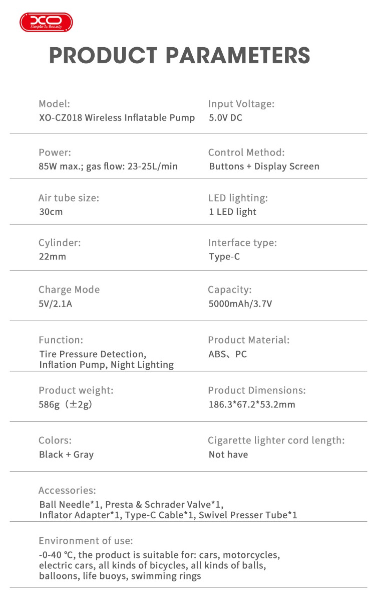XO CZ018 Smart Φορητή Ασύρματη Αντλία Φουσκώματος 5000 mAh 22 Κυλίνδρων - Image 5