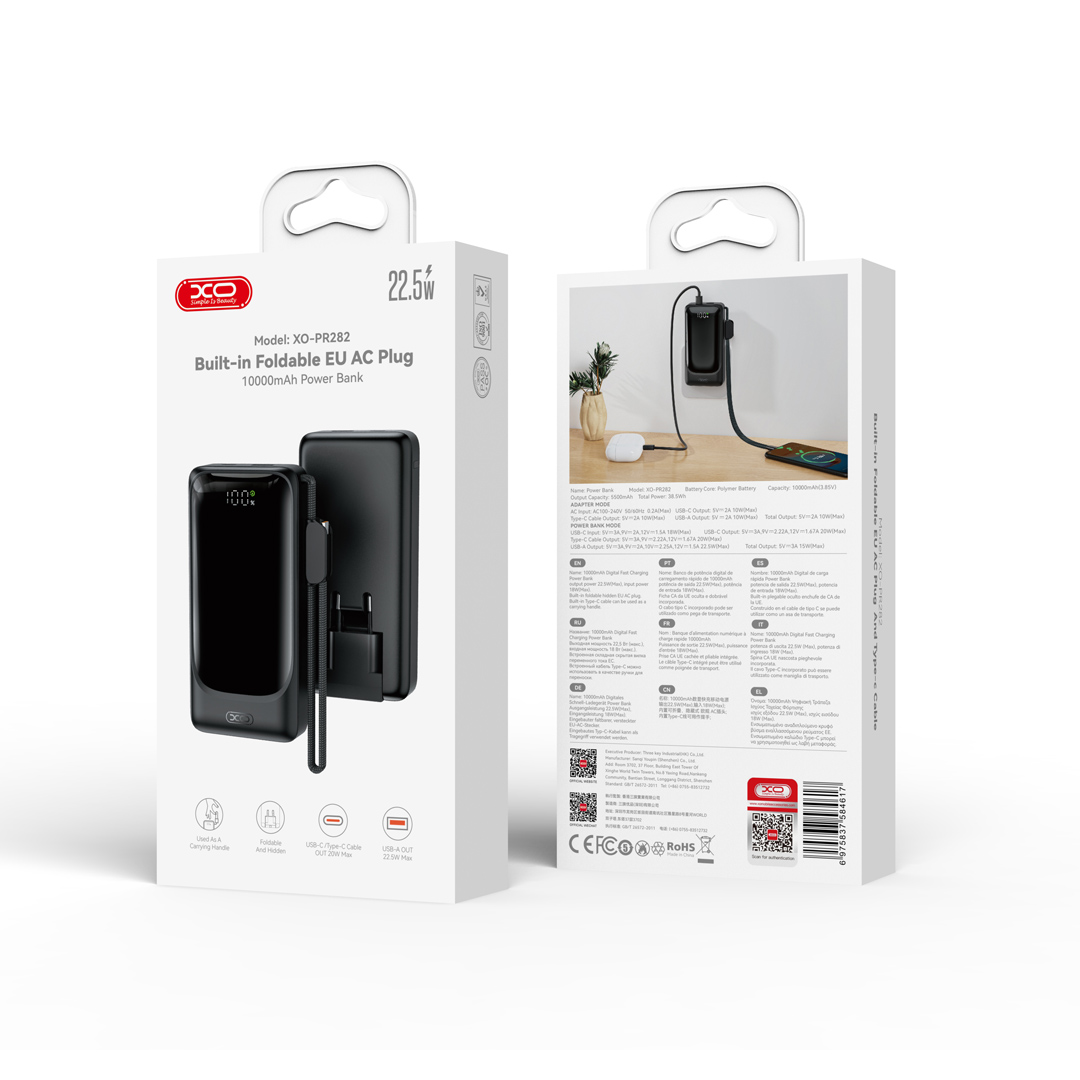 XO PR282 Powerbank Ταχείας Φόρτισης 22.5W με Πρίζα & Λουράκι Type-C 10.000mAh - Image 7