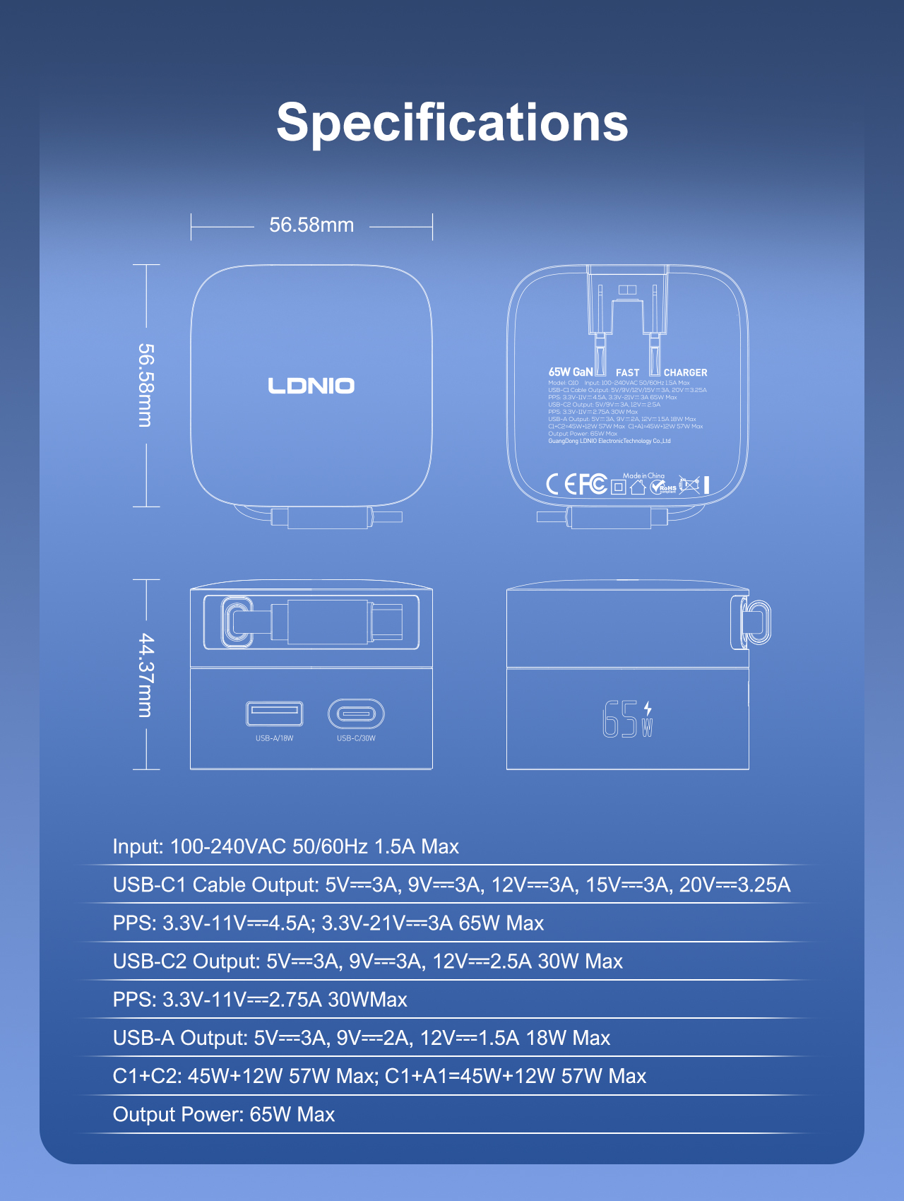 Q10/BLUE Φορτιστής GAN 65W ME ΕΝΣΩΜΑΤΩΜΕΝΟ ΚΑΛΩΔΙΟ TYPEC LDNIO - Image 3