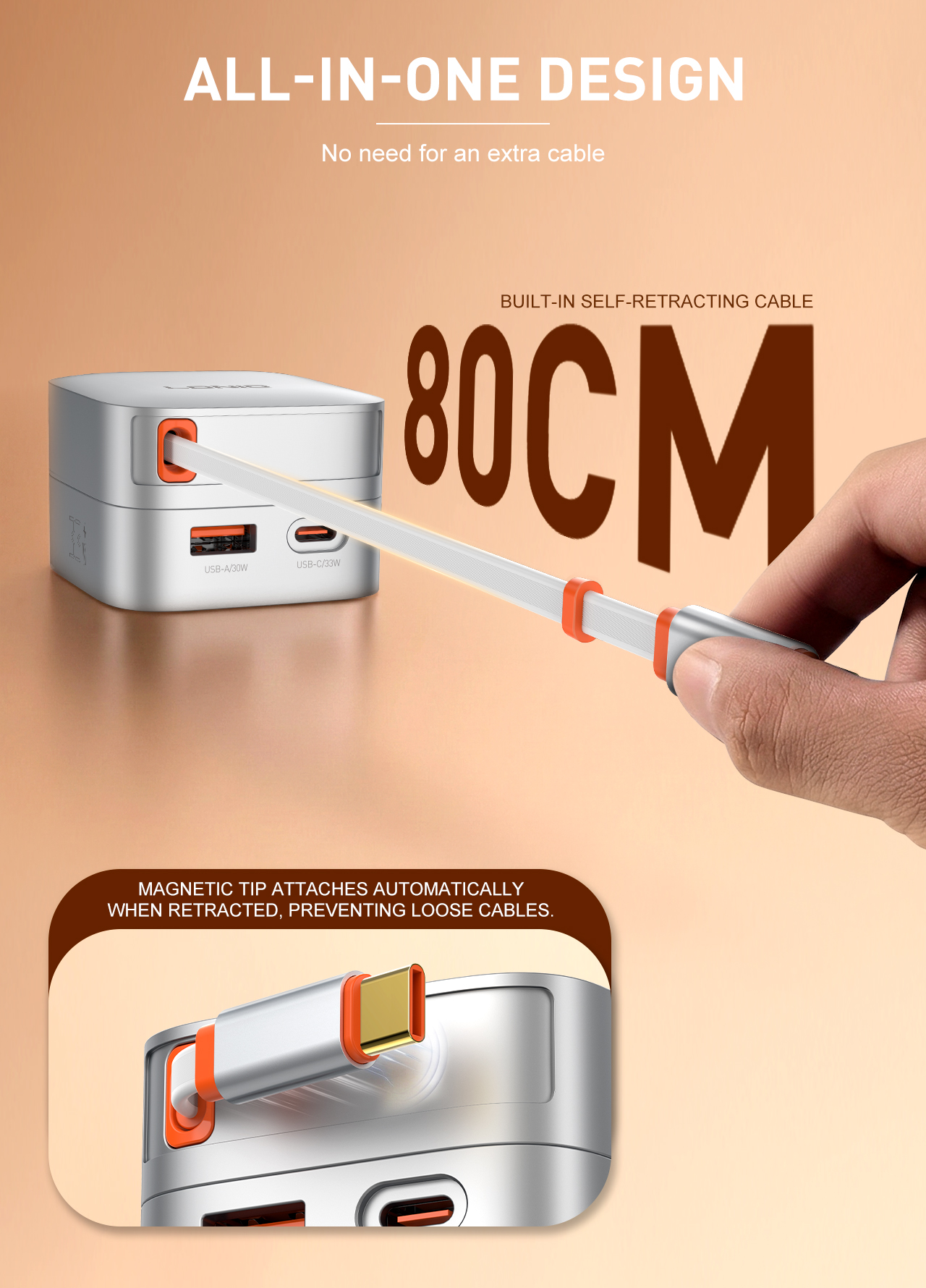 Q10/SILVER Φορτιστής GAN 65W ME ΕΝΣΩΜΑΤΩΜΕΝΟ ΚΑΛΩΔΙΟ TYPEC LDNIO - Image 3